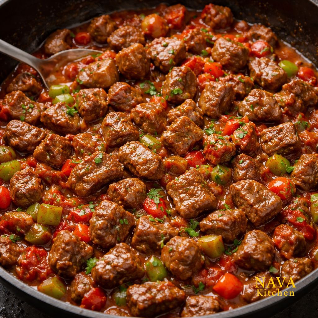 Beef sauté in tomato sauce, cooked with small diced red and green peppers and onions in a skillet.