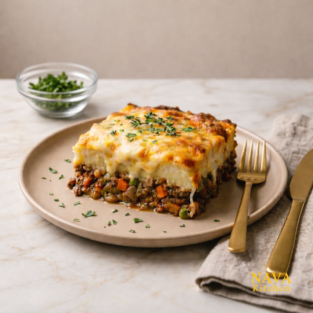 Slice of beef and potato pie topped with melted mozzarella on a plate with gold fork and knife.