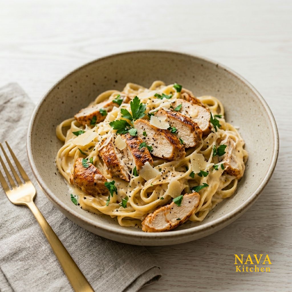 Chicken Alfredo pasta in a rustic bowl topped with sliced grilled chicken, Parmesan, parsley, and black pepper on a light wooden table.