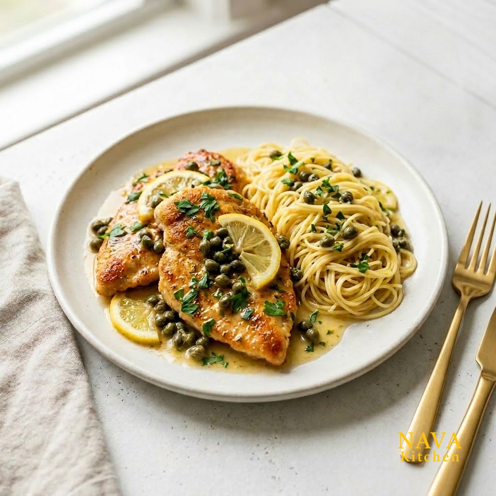 Golden chicken piccata with lemon slices and capers, served with pasta on a neutral plate with a light, clean background.
