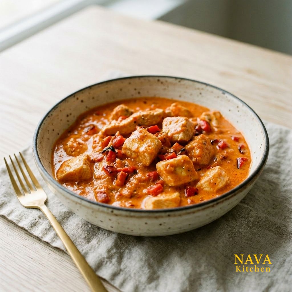Creamy chicken with roasted red peppers, rich and velvety, served in a simple bowl setting.