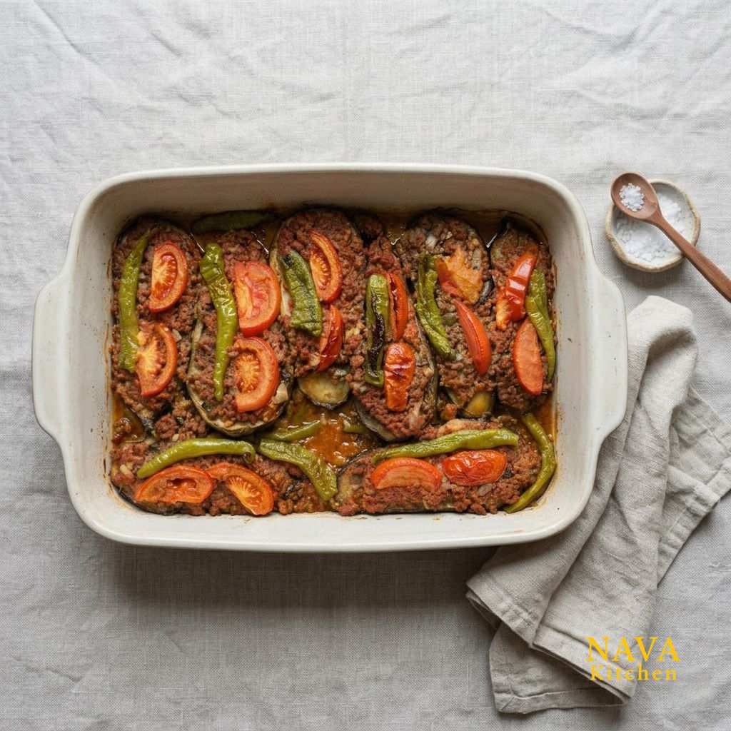 Stuffed eggplants baked in tomato sauce with sliced tomatoes and green peppers in a light ceramic baking dish.