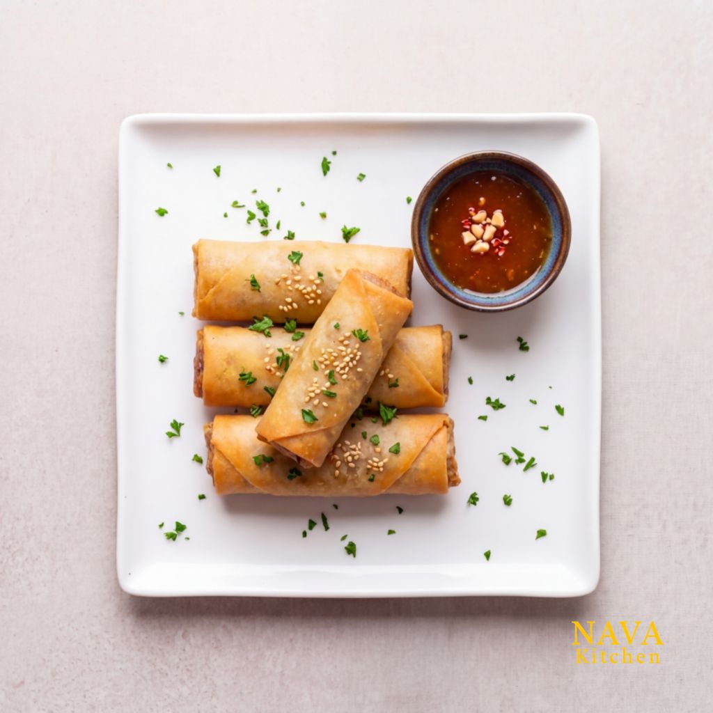 Golden crispy vegetable spring rolls topped with sesame seeds, served with dipping sauce.