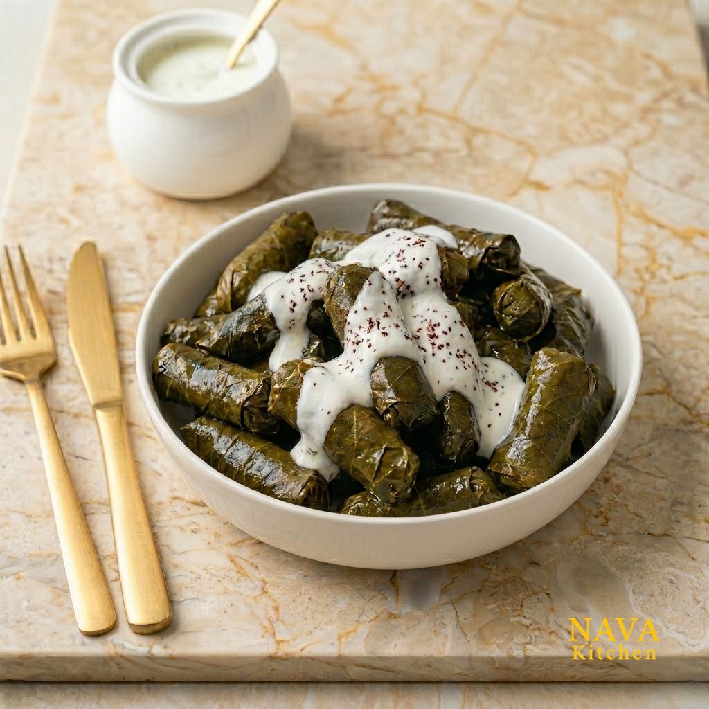 Turkish meat-stuffed grape leaves (dolma) topped with garlic yogurt, served in a white bowl.