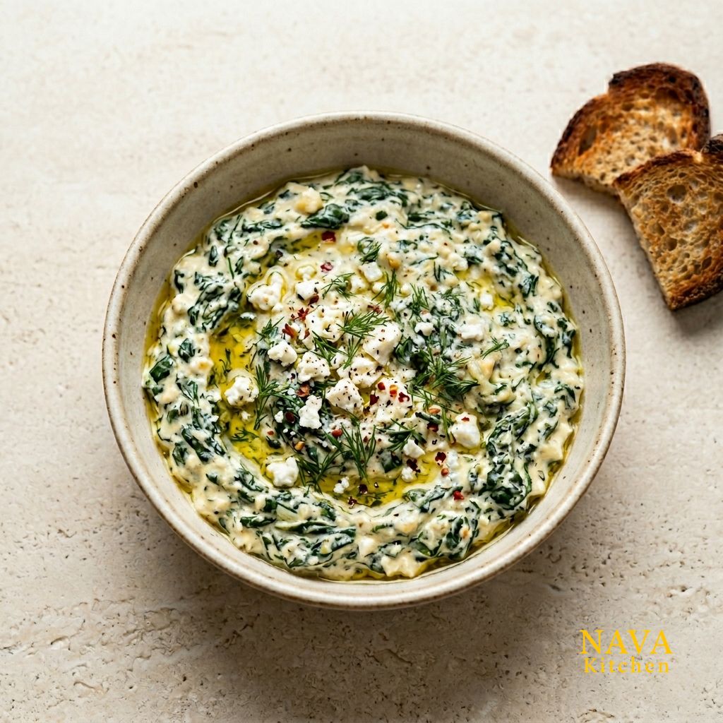 Creamy feta spinach dip topped with crumbled feta, fresh dill, olive oil, and red pepper flakes, served in a ceramic bowl with toasted bread.