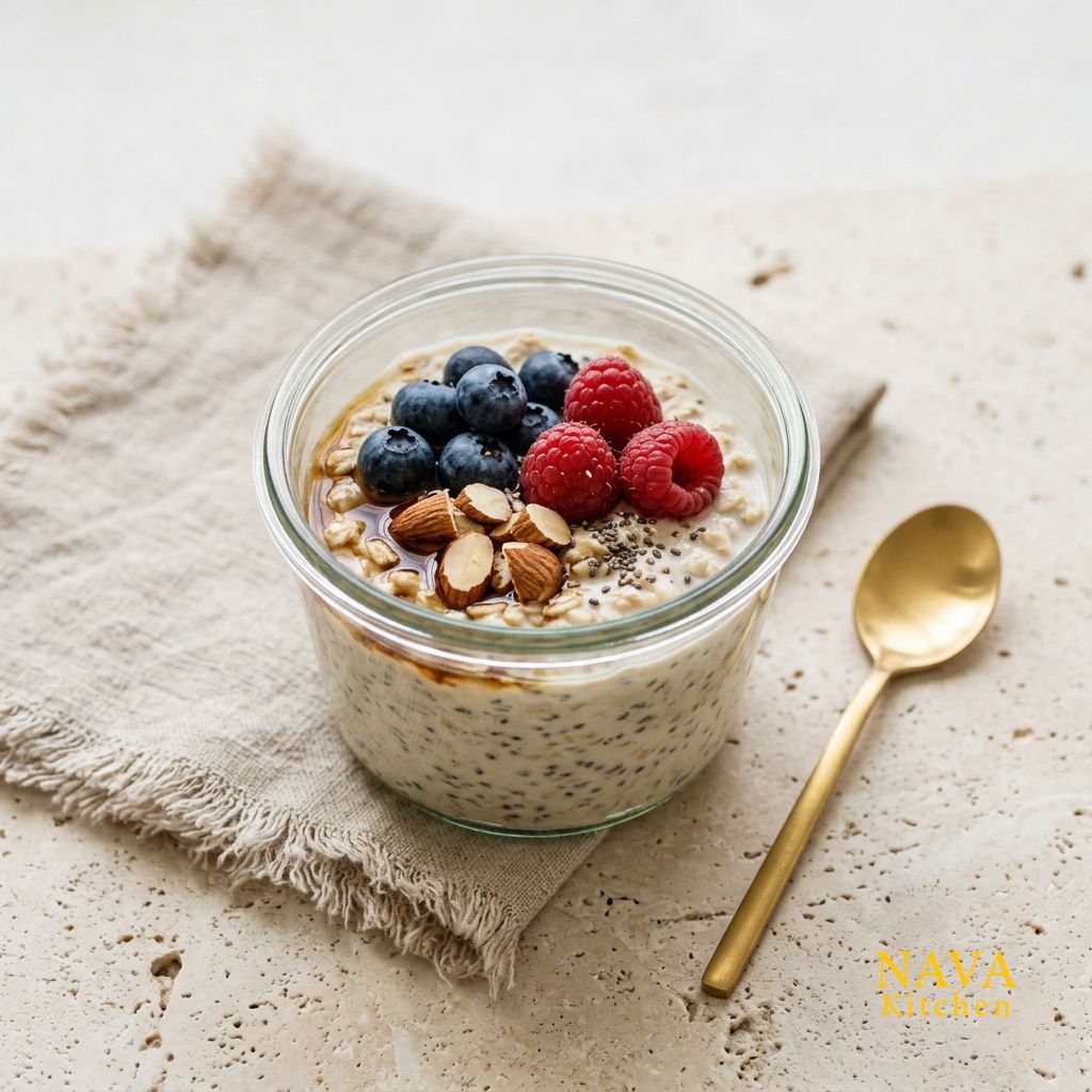 Overnight oats in a glass jar topped with blueberries, raspberries, almonds, chia seeds, and honey beside a gold spoon on a neutral linen cloth.