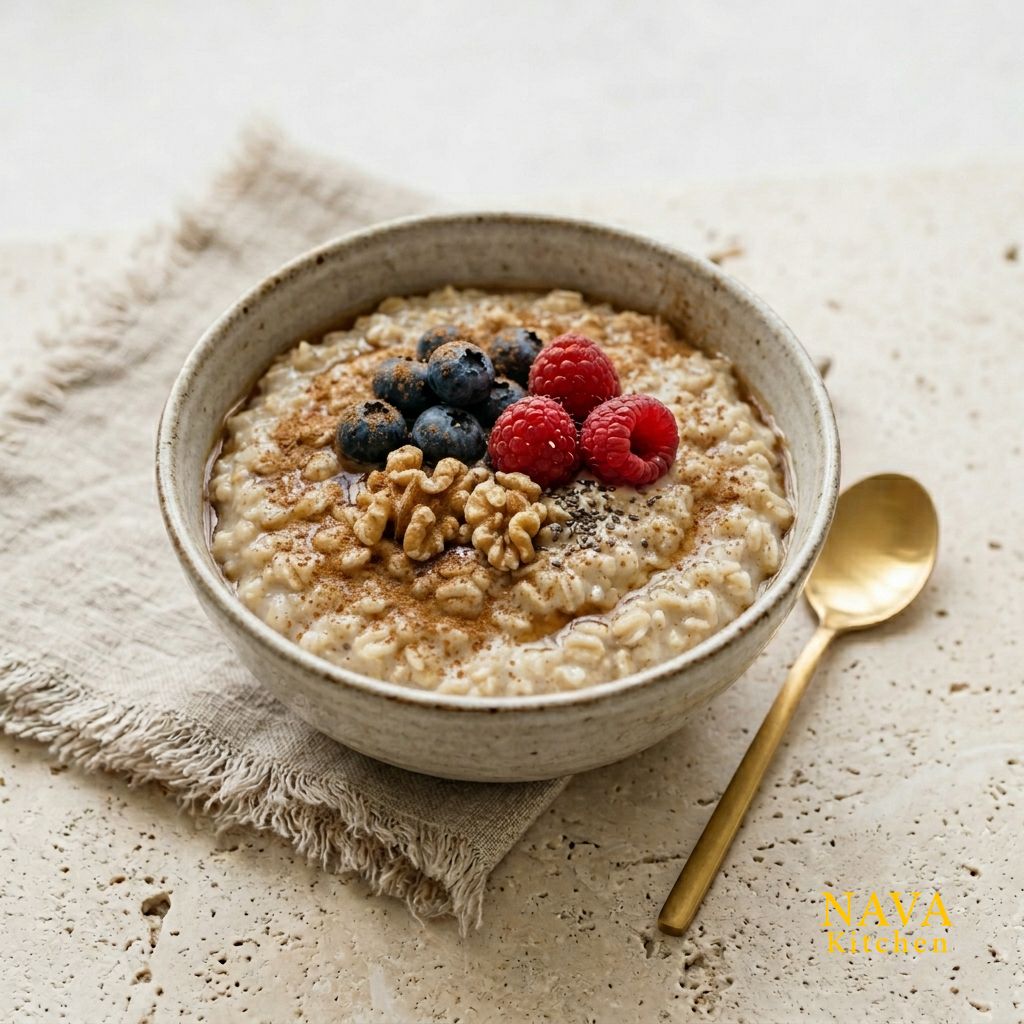 Creamy stovetop oats topped with blueberries, raspberries, walnuts, chia seeds, cinnamon, and honey in a ceramic bowl beside a gold spoon.